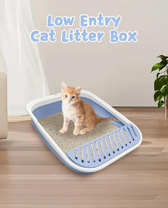 VCEPJH Kitten Litter Box Low Entry Litter Box for Senior Cats - Shallow Cat Litter Pan Collapsible Litterbox for Travel Blue