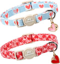 Valentine 2 Pack Cat Collar, Cute Soft Breakaway Kitty Collar with Bell&Pendent, Cotton Valentines' Heart Pattern Collar with Safety Buckle for Girl Cats