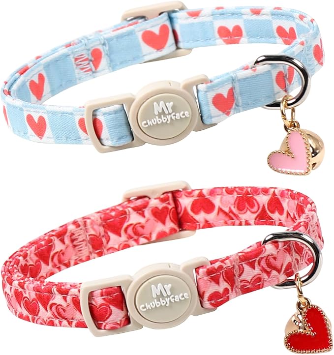 Valentine 2 Pack Cat Collar, Cute Soft Breakaway Kitty Collar with Bell&Pendent, Cotton Valentines' Heart Pattern Collar with Safety Buckle for Girl Cats