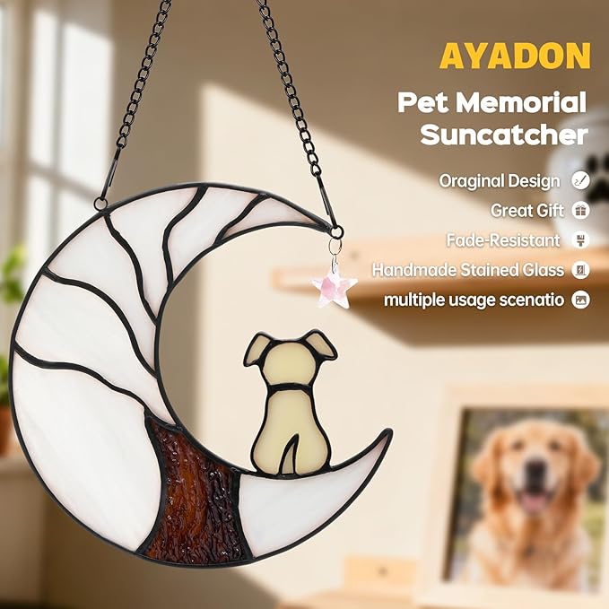 Dog Memorial Suncatcher, Handmade Stained Glass Window Haninging Suncatcher, Pet Memorial Gift for Cat Loss, Sympathy Valentine's Day Gift with Moon & Tree of Life for Pet Lovers