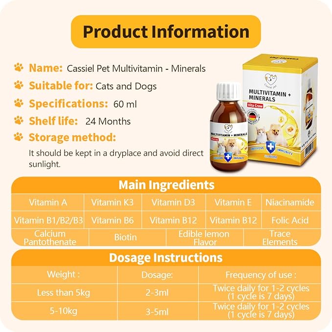 Multivitamins Supplement for UTIs & Allergy Relief, Skin & Coat Care, Hip & Joint Supplement, Immunity Boosting & Digestive Aid for Dogs & Cats 2.03 Fl Oz (1 Bottle)