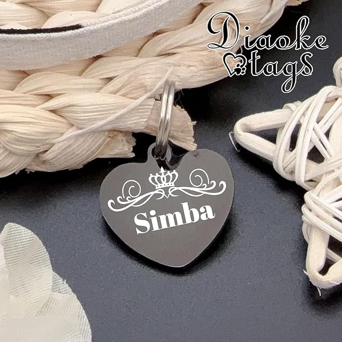 Personalized Dog Tags, Stainless Steel Pet Tags Personalized Cat, Collar Charm Engraved on Both Sides, up to 4 Lines of Custom Text, Multiple Patterns Colors Size Options (Crown, Small)