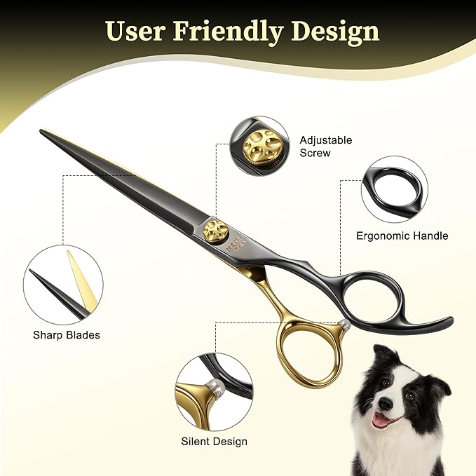 7'' Straight Dog Grooming Scissors CNC 440C Blades Sharp and Durable Dog Shears Black and Gold Pet Scissors Smooth Cutting Easy to Use for Professional Groomer