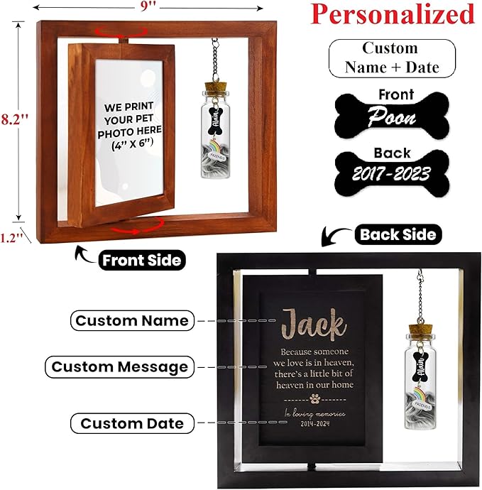 Personalized Wooden Rotating Pet Picture Frame for 4x6 Photo, Memorial Gift for Loss of Dog Cat, Rainbow Bridge Pet Hair Keepsake Fur Jar, In Loving Sympathy Pet Frame, Animal Loss Gift Passed Away
