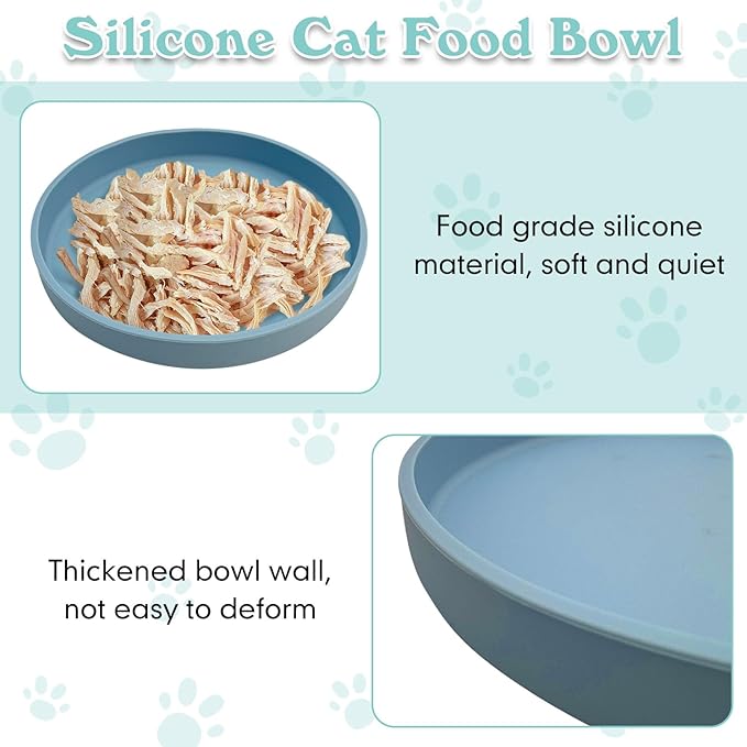 Silicone Cat Food Bowls Shallow Cat Dishes 5.9in Wide Pet Plates Set of 2 Small Flat Dog Saucer Bowl Cute Whisker Fatigue Kitten Feeding Dish for Dry & Wet Food (Round Blue + Green)