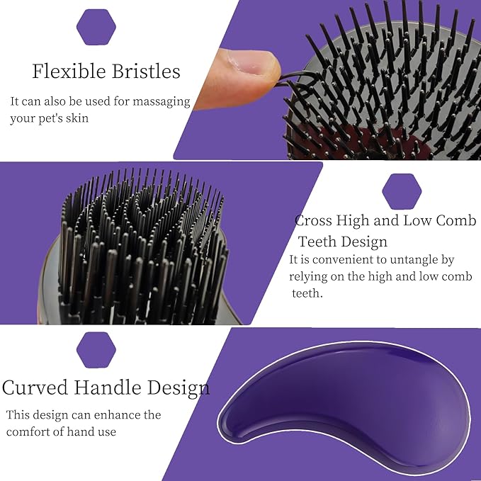 Comma-Shaped Small Dog Brush, Fit for Yorkie, Shih Tzu, Maltese Maltipoo Pomeranian - Gentle Soft Bristles for Effortless Pet Hair Removal, Puppy Essentials (Dark Purple)