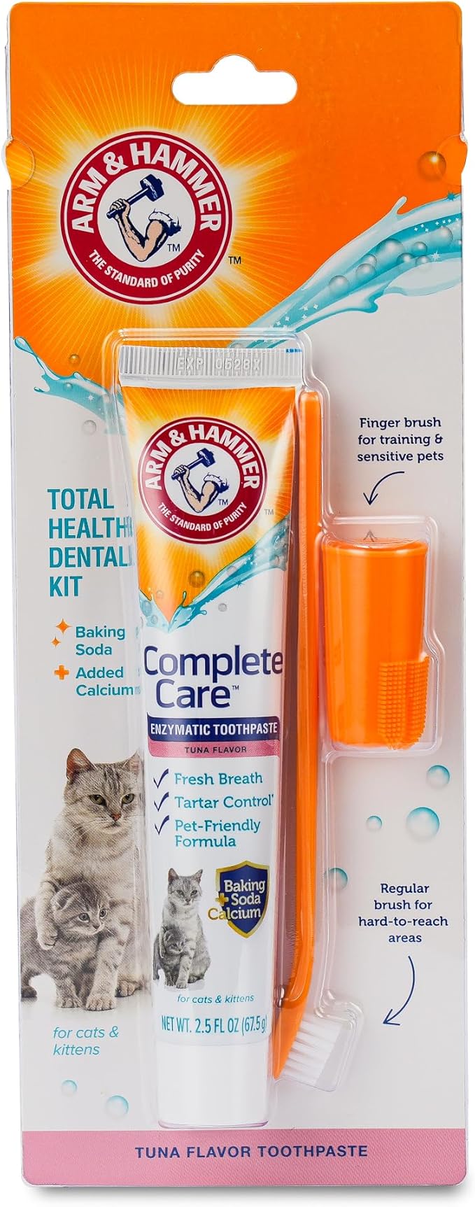 Arm & Hammer Complete Care Cat Dental Kit, Tuna Flavor Enzymatic Cat Toothpaste, Dual-Head Toothbrush & Finger Brush, Baking Soda + Calcium, Fluoride-Free Formula, 2.5 oz
