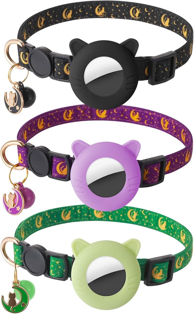 3 Pack Airtag Cat Collars Breakaway Moons Stars Cat Collars with Air Tag Holder and Bells Adjustable Safety Kitten Collars for Girl Boy Cats