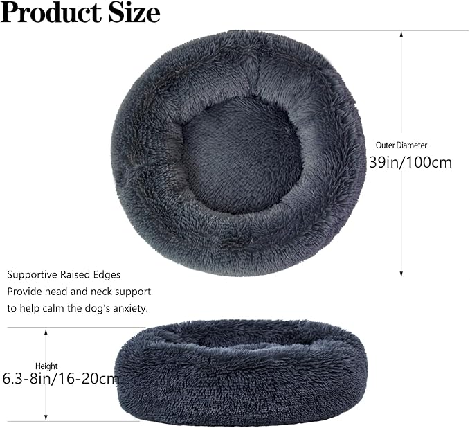 Calming Dog Bed for Big Dogs, 39'' Round Anti-Anxiety Warm Fluffy Plush Faux Fur Bed, Soft Anti-Slip Donut Washable Big Pet Bed, Cozy Big Dogs Bed, Fits up to 100 lbs Pets