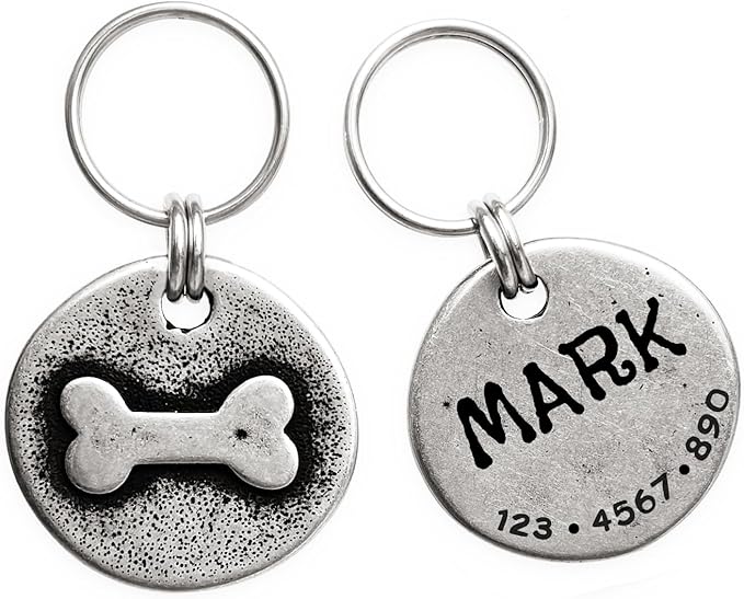 Artistic Handmade Hammered ""Bone"" Collar Cat Dog ID Tags with Unique Handcrafted Design and Durable Stainless Steel, Personalized Deep Engraving with Your Own Text, Small, Regular