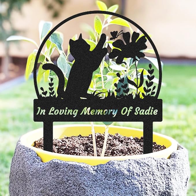 Personalized Butterfly Cat Memorial Stake Custom Flowers Cat Grave Marker, Customized Metal Cat Statue Memorial Plaque Pet Loss Gift Garden Yard Flowerpot Outdoor Home Decorations