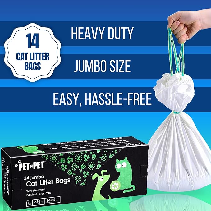 PET N PET Cat Litter Box Liners Bags Jumbo, Heavy Duty Tear Resistant & Drawstring Closure Cat Litter Bags, Waterproof Kitty Box Liners Fits Litterbox Pan Sizes, 36" x 18", 14 Count