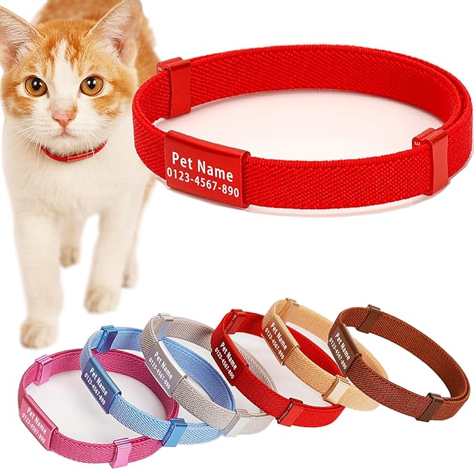 Minimalist Stretch Lightweight Custom Engraved Cat Collar with Name Tag Personalized Cat Collars for Kitten Boy & Girl Cats (Red, Collar with Nameplate)