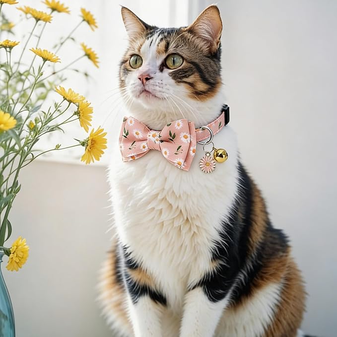 JarThenaAMCS 3 Pcs Daisy Flower Cat Collar with Breakaway Bell Bow Tie Pink Blue Black Floral Adjustable Kitten Collars for Spring Summer Girl Boy Cats Small Pet Party