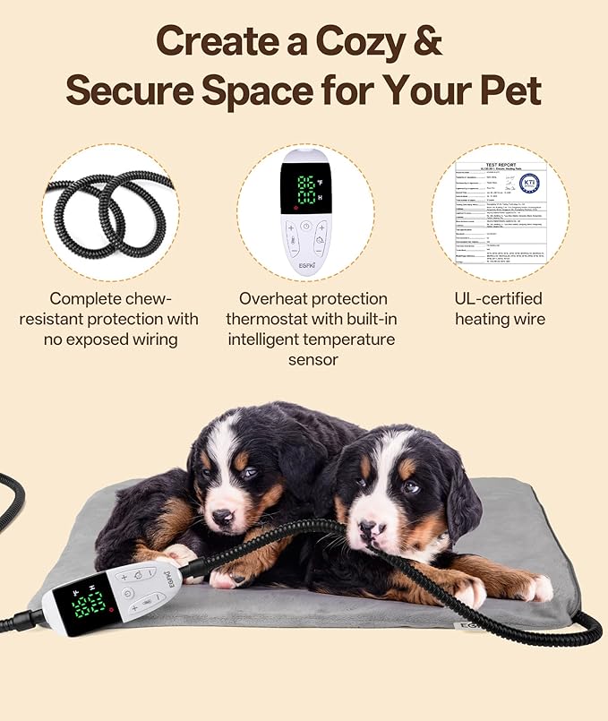 Ringco Pet Heating Pad for Dogs with 12 Adjustable Temperature, Waterproof & Chew Resistant Dog Heating Pad with Timer, Heated Dog Bed with Fleecy Cover (L: 32” x 20”)