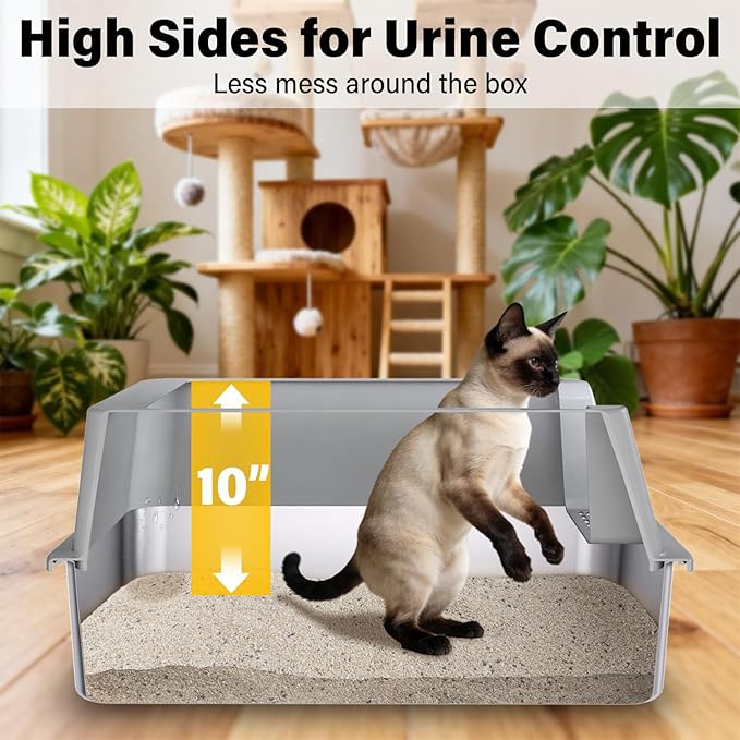 Stainless Steel Litter Box with Lid, XLarge Metal Litter Box for Big Cats, High-Sided Cat Litter Boxes for Anti Urine Splash, Odor Control, Non-Stick & Easy to Clean, Includes Scoop and Mat