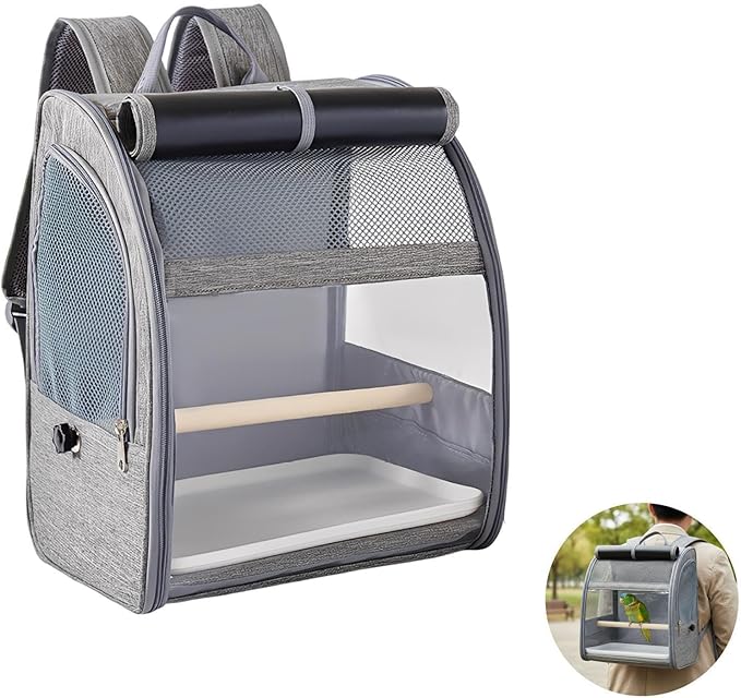 Bird Carrier with Mesh Window and Removable Perch & Tray, 12.2 X 9.6 X 15 in Portable Gray Bird Backpack, Suitable for Cockatiel