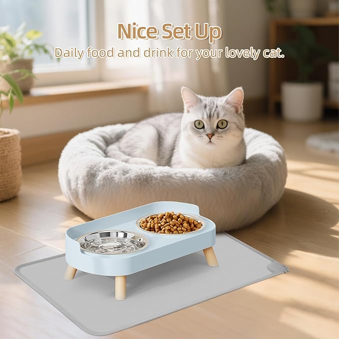 Elevated Cat Bowl with Food Mat, Raised Cat Food and Water Bowl Set for Indoor Cats, Splash Proof with 2 Stainless Steel Pet Food Bowls for Cats and Puppies,Whisker Fatigue and Dishwasher Safe (Blue)