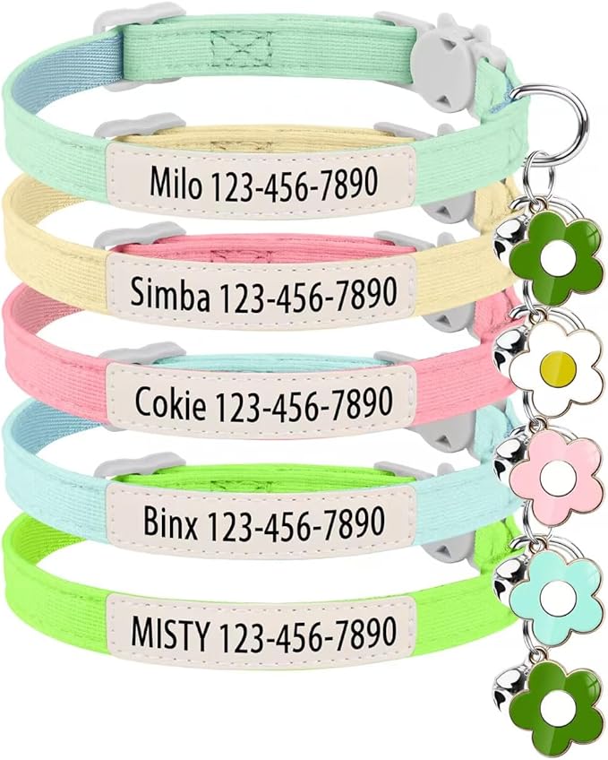 Personalised Glow in the Dark Cat Collar with Bell Flower Decoration, Custom UV-Printed Name & Phone Number, Luminous Adjustable Cat Collar Breakaway (Fluorescent Glow)