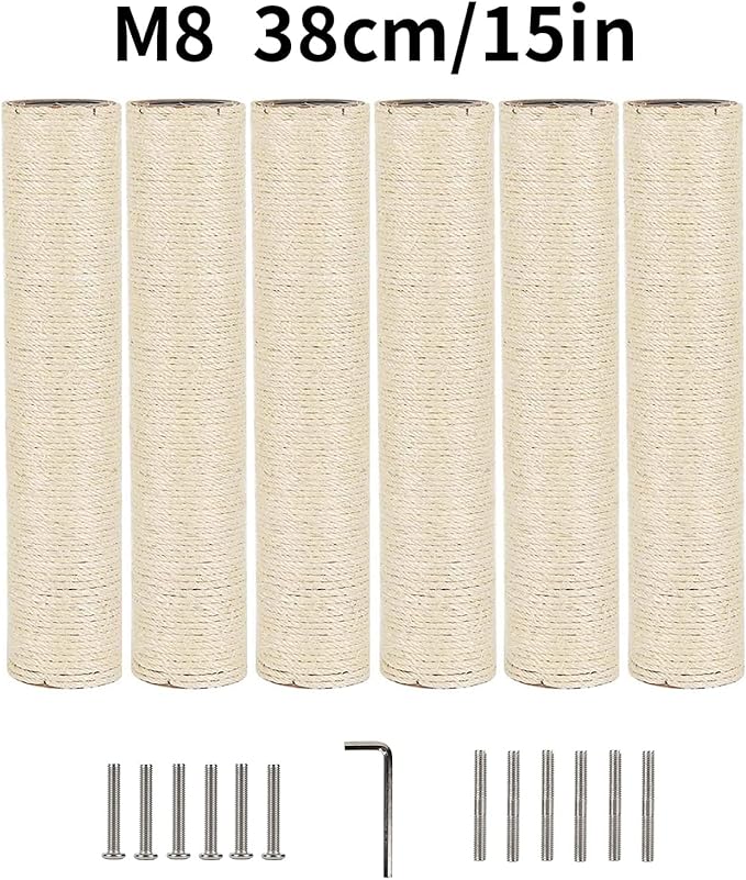 BNOSDM 6 Pack 15”x2.75” M8 Cat Tree Scratching Post Replacement Parts for Indoor Cats Tower Rope Scratch Poles Refill Sisal Pole Part for Refurbishment Accessories Spare