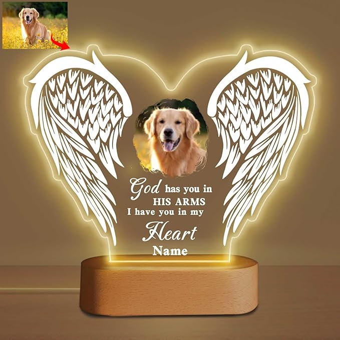 Custom Pet Memorial Night Light Gift Personalized Dog Cat Acrylic Plaque Photo Frame Sympathy Gift Condolence Gifts with Picture Name(Love Wings)