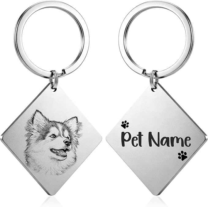 Custom Dog or Cat Portrait Keychain, Personalized Photo Engraved Keychains with Name, Customized Pet Memorial Gifts for Loss of Pets (Diamond Shape)