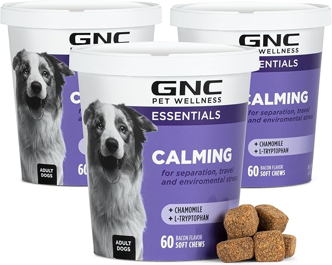 GNC Pets Essentials Calming Soft Chews for Dogs, Bacon Flavor Calming Supplement with Chamomile, Passion Flower, L-Tryptophan and Thiamine for Puppies and Adult Dogs, 60 Count - 3 Pack