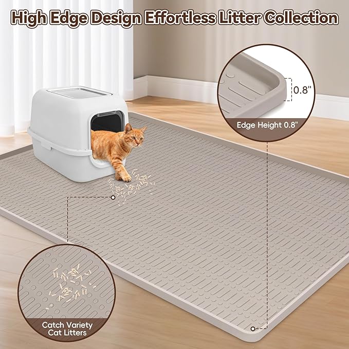 Kalolary Large Cat Litter Box Mat, 47" x 35" Silicone Litter Trapping Mat for Cats, Trapping Mat for Scatter Control with Raised Edge Waterproof Silicone Pad for Floor Non-Slip Easy to Clean (Beige)