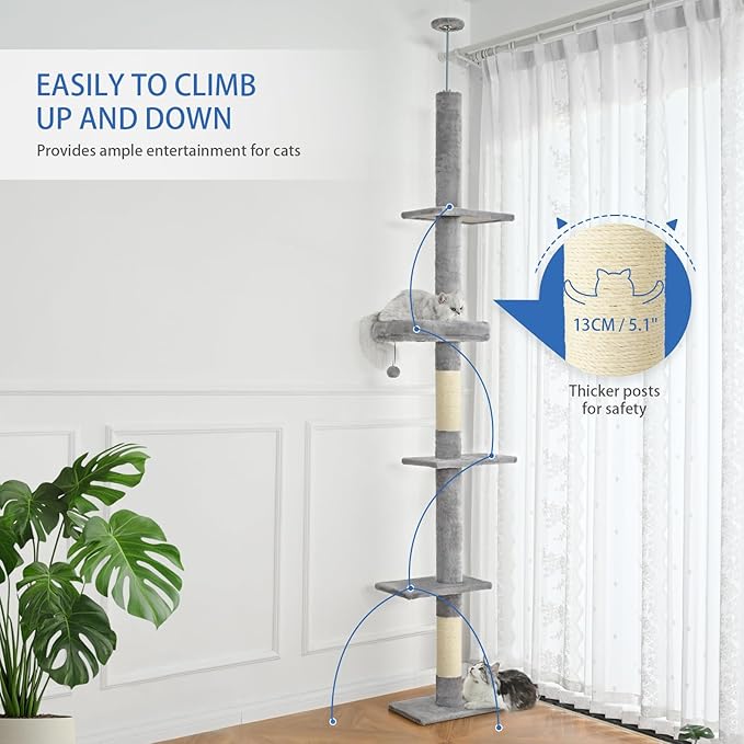Cat Craft Floor to Ceiling Cat Tree,5 Tiers Tall Cat Tower with Adjustable Height(98-110),Skinny Ceiling Cat Tree with Cozy Hammock,Sisal Scratching Posts,Platforms,and Hanging Balls for Large Cats