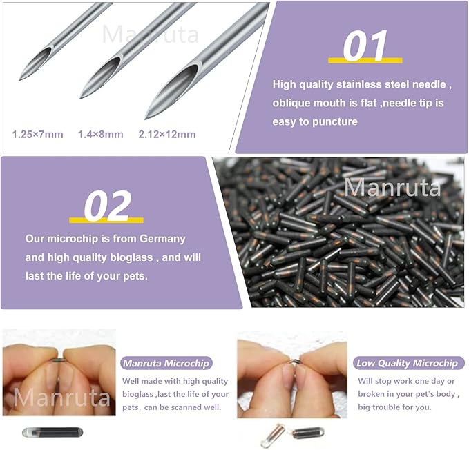 5 Pack Manruta 1.4 MM Dia 8 MM Length Small Pet ID Microchip for Dogs and Cats ISO 11784/5 134.2Khz with 15 Digit ID Number