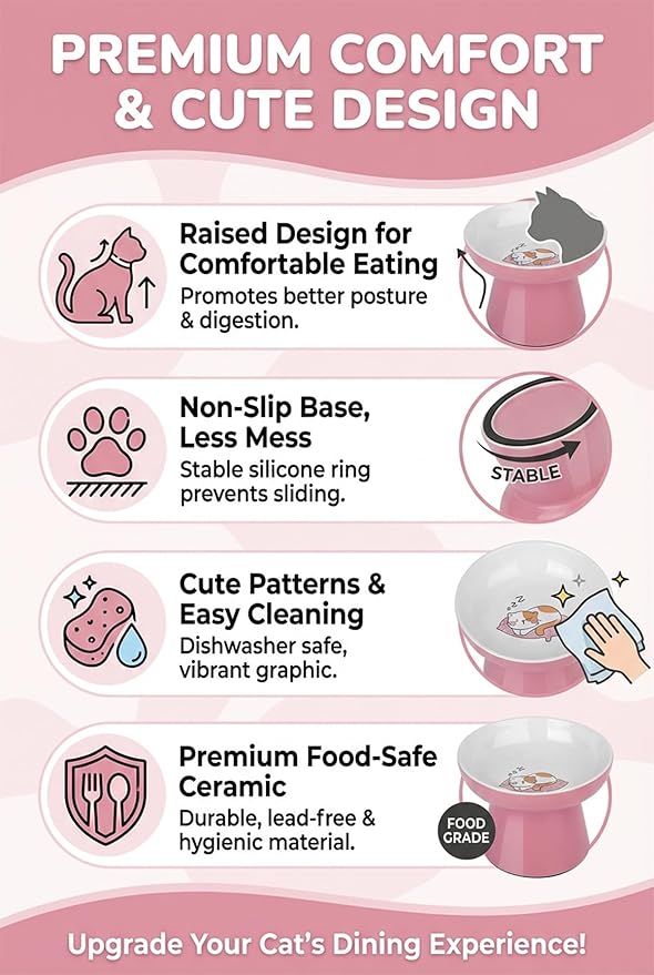 Ceramic Raised Cat Bowl, Elevated Cat Food Bowl with Non-Slip Base,Whisker Friendly Shallow Feeder for Dry & Wet Food, Dishwasher Safe, Anti Vomiting (Pink)