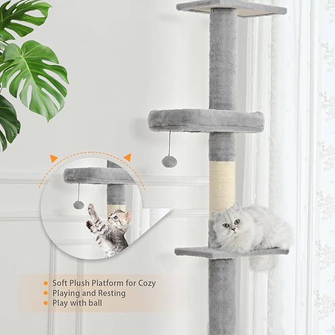 Floor to Ceiling Cat Tree,5 Tiers Tall Cat Tower with Adjustable Height(98-110),Cat Tree Floor to Ceiling with Cozy Hammock,Sisal Scratching Posts,Platforms,and Hanging Balls for Large Cats