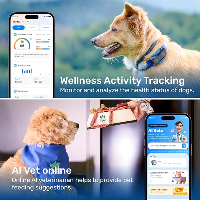AI GPS Tracker for Dogs (30lbs+), Real Time Location and AI Vet Health Management, Electronic Fence, Waterproof, iOS and Android Universal（Black）