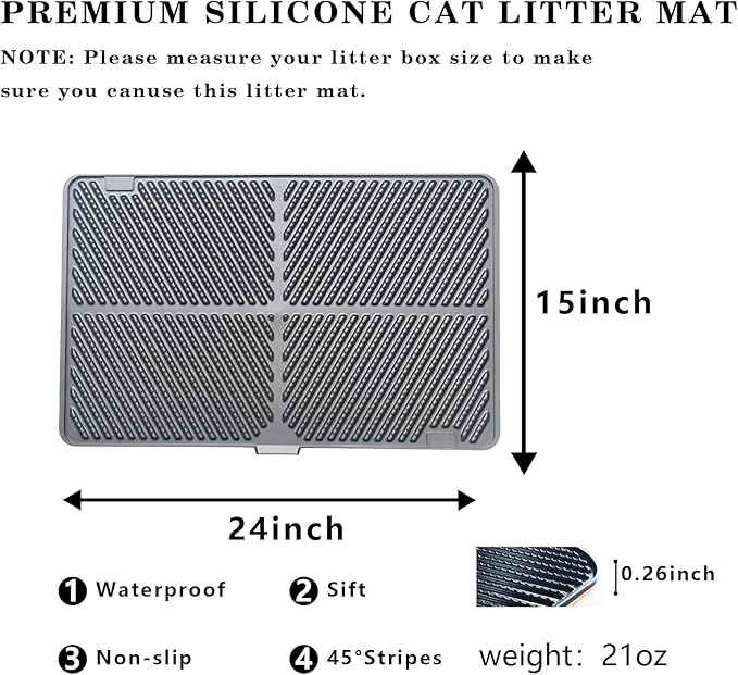 Silicone Cat Litter Mat, Scratch-Resistant Litter Trapping Mat, Waterproof & Non-Slip Litter Box Mat, Highly Effective for Collecting Litter (Grey, 24x15x0.26 in)