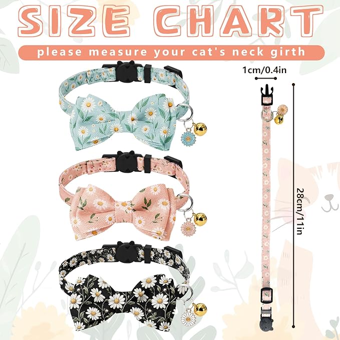 JarThenaAMCS 3 Pcs Daisy Flower Cat Collar with Breakaway Bell Bow Tie Pink Blue Black Floral Adjustable Kitten Collars for Spring Summer Girl Boy Cats Small Pet Party