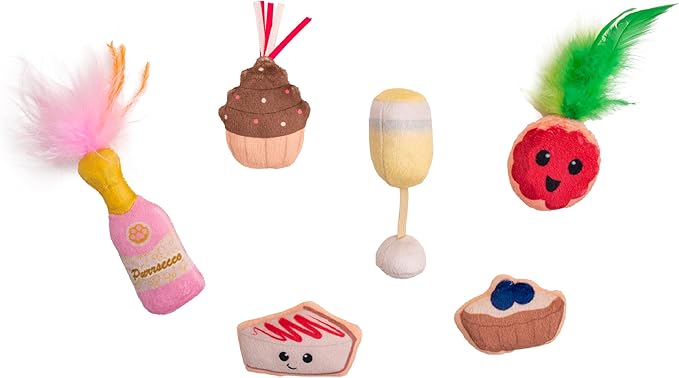 Catstages Purrsecco & Cupcakes Cat Toys, 6-Pack Catnip Toys with Feathers, Crinkle & Mesh, Multicolored