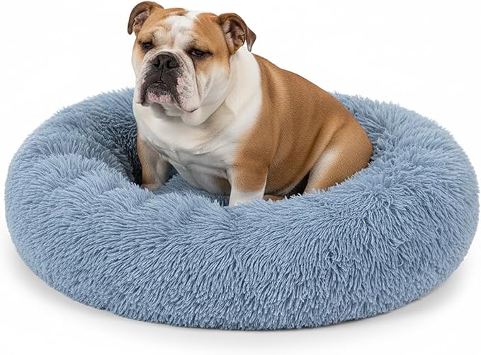 PetAmi Calming Dog Bed for Small & Medium Dogs and Cats, 30 Round Donut Dog Bed, Washable Fluffy Faux Fur Puppy & Cat Bed, Anti-Anxiety Plush Cuddler Pet Bed with Anti-Slip Bottom - Blue