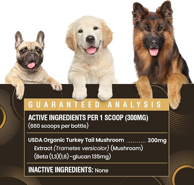 Organic Turkey Tail Mushroom for Dogs and Cats, 45% Beta Glucan Standardized, Hot Water Extracted Whole Fruiting Body, Third Party Tested, Immune and Gut Support, No Fillers, Made in USA, 660 ct