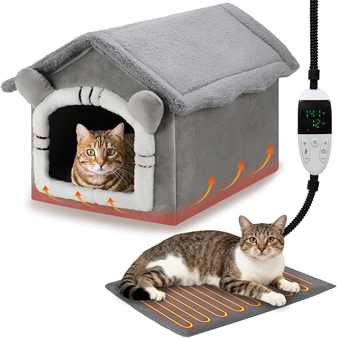 FHTONGE Heated Cat Bed House with Timer Temp Adjustment, Thermal Enclosed Kitten Beds Hideaway Machine Washable, Self-Warming Cozy Pet Nest Covered Beds Cave for Indoor Kitten Old Cat Puppy Small Dog