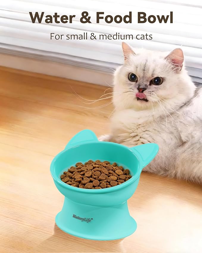 MateeyLife Raised Cat Bowls, Cat Food Bowl Elevated for Kittens & Small Dogs, 15°Tilted Protect Pets' Neck and Anti Vomiting, Whisker Friendly Food & Water Feeding Bowl, 6 oz Each - Green