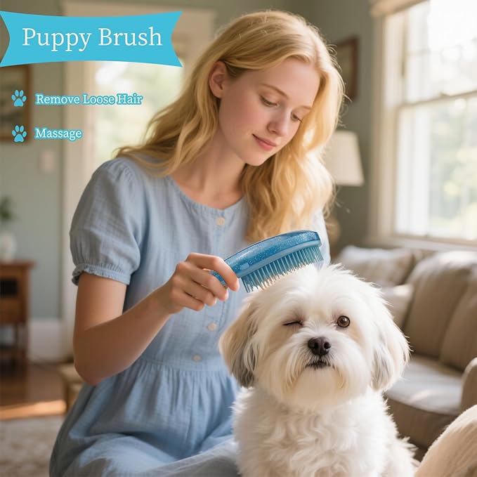 Comma-Shaped Small Dog Brush, Fit for Yorkie, Shih Tzu, Maltese Maltipoo Pomeranian - Gentle Soft Bristles for Effortless Pet Hair Removal, Puppy Essentials (Crystal Blue)