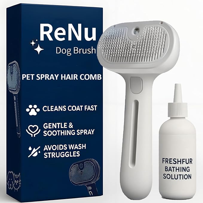 3-in-1 Self-Cleaning Steamy Pet Brush for Dogs & Cats, Fresh Fur Shower Brush That Removes Loose Hair, Reduces Shedding, Grooming Tool for Long & Short Hair, Wet or Dry Use (White)