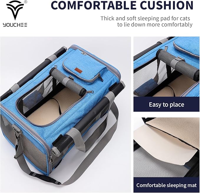 19" L x 10.5" W x 11.5" H Inches Cat, Dog Carrier for Pets Up to 20 Ibs, Washable，Soft Sided，Collapsible Travel Puppy Carrier. (Blue)