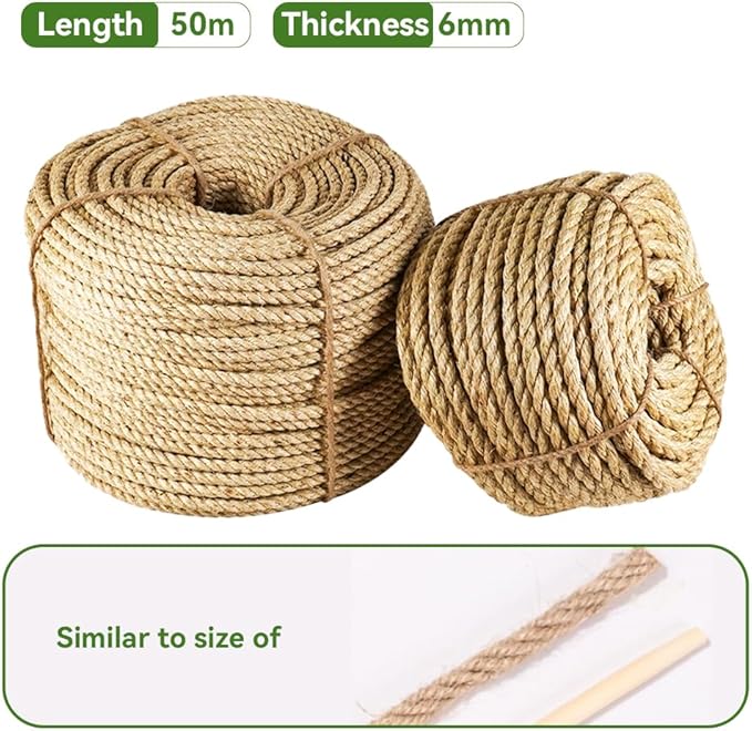 Natural Sisal Rope for Cat Scratcher Replacement, Durable Cat Tree Post Repair Cord for DIY Projects, Climbing Towers, Furniture Protection, Scratch Pad, Crafts, Garden, and Home Décor Use