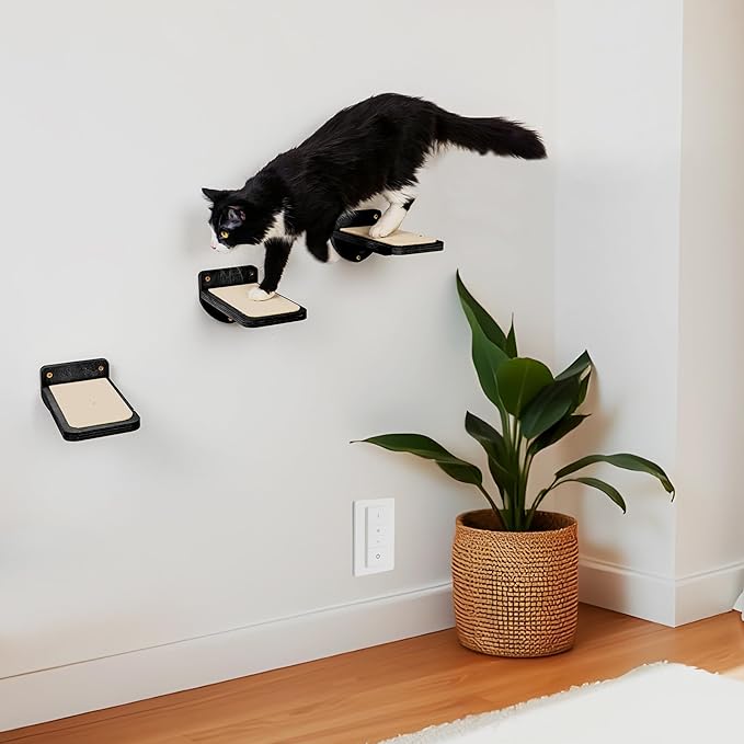 INICIO Cat Wall Stairs - Set of 3 Wall Steps for Cats to Climb with Fixtures, 8.7"x4.7" - Floating Steps for Climbing or Playing - for Kittens and Adult Cats, Black