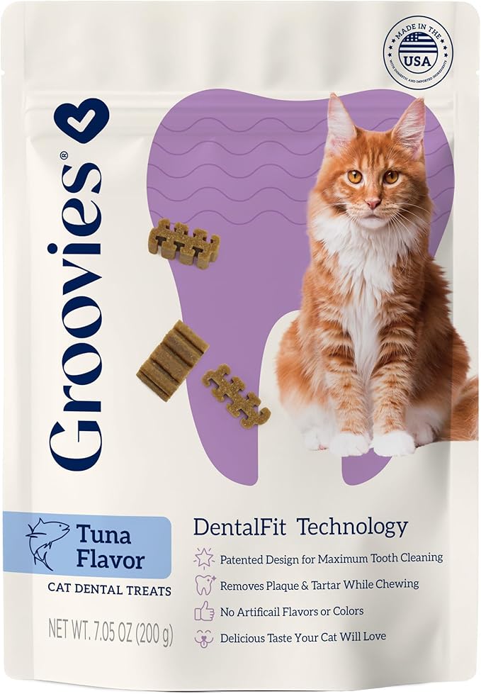 Groovies Cat Daily Dental Treats. Tasty, Crunchy Bites Cats Love. Tuna Flavor. Powered by USA-Patented DentalFit Technology. No Added Gluten, No Artificial Flavors or Colors. 7.05oz (460 Treats)