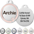 GoTags Stainless Steel Pet ID Bone Round and Heart Shaped Tags with Enamel Paw Design, Personalized Dog and Cat Tags, up to 5 Lines of Custom Text, Engraved on Both Sides (Rose, Small Round)