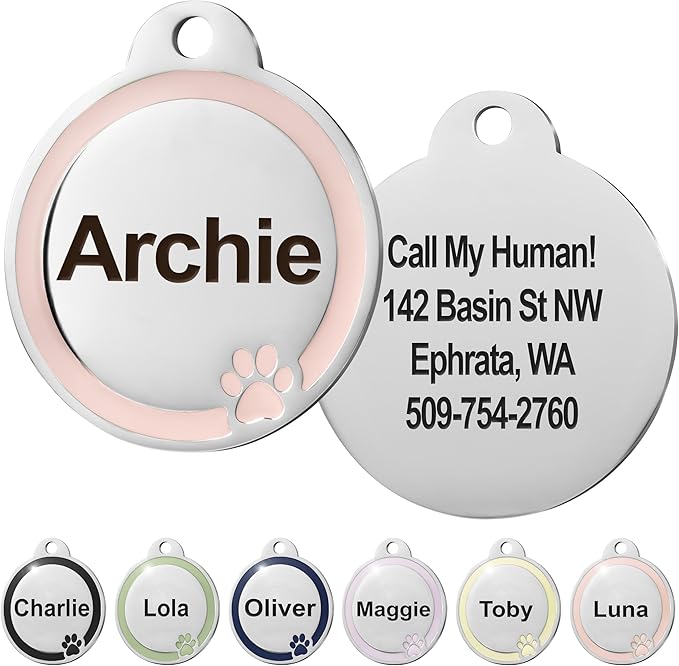 GoTags Stainless Steel Pet ID Bone Round and Heart Shaped Tags with Enamel Paw Design, Personalized Dog and Cat Tags, up to 5 Lines of Custom Text, Engraved on Both Sides (Rose, Small Round)