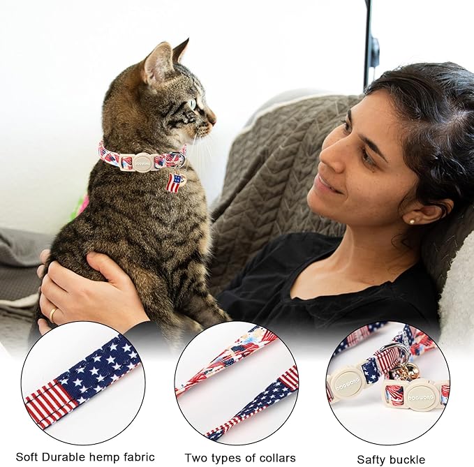 2 Pack American Flag Cat Collars Breakaway with Bell, DOGWONG Safety Buckle Independence Patriotic Cute Cat Collar for Girl Boy Cats，Adjustable 7-12 Inch