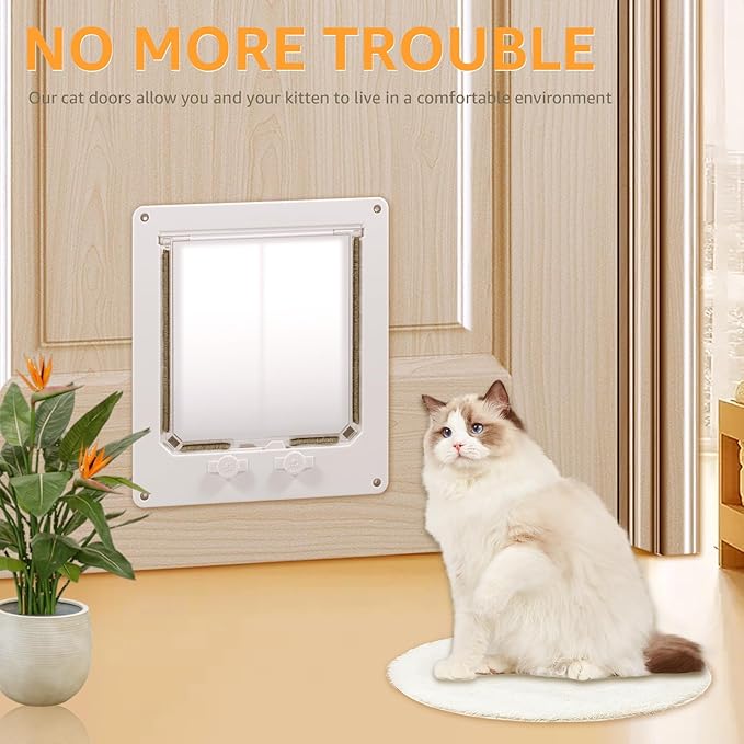 White Plastic Interior Cat Door Easy to Install Upgraded Pet Door with Flap and 4 Way Locking for Interior Doors Medium Cats Kitties